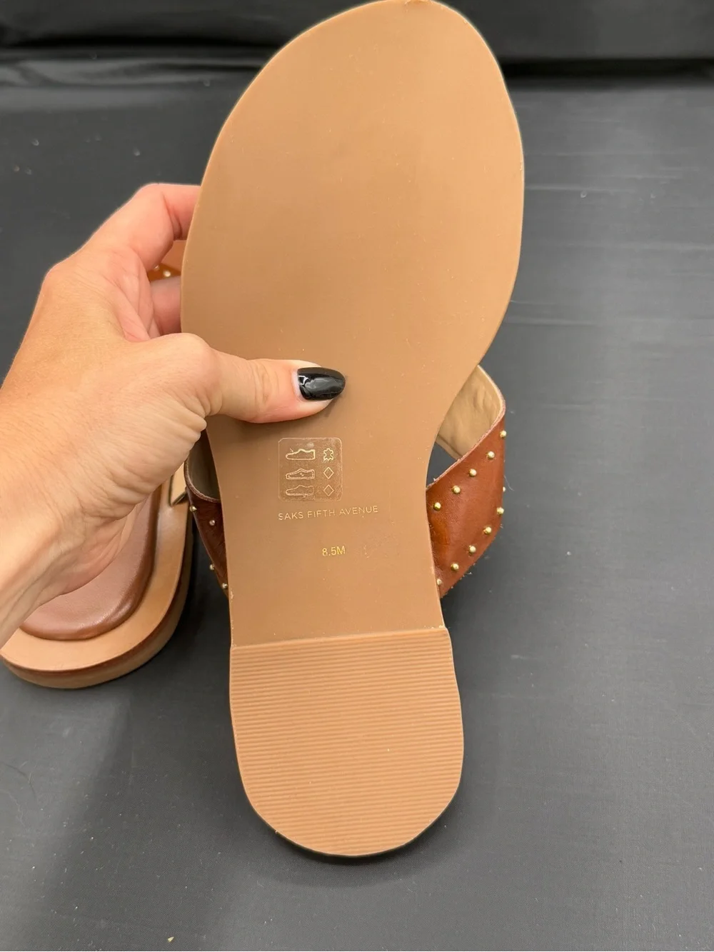 Saks Fifth Avenue Studded Leather Slide Sandals Cognac Boho Luxe 8.5